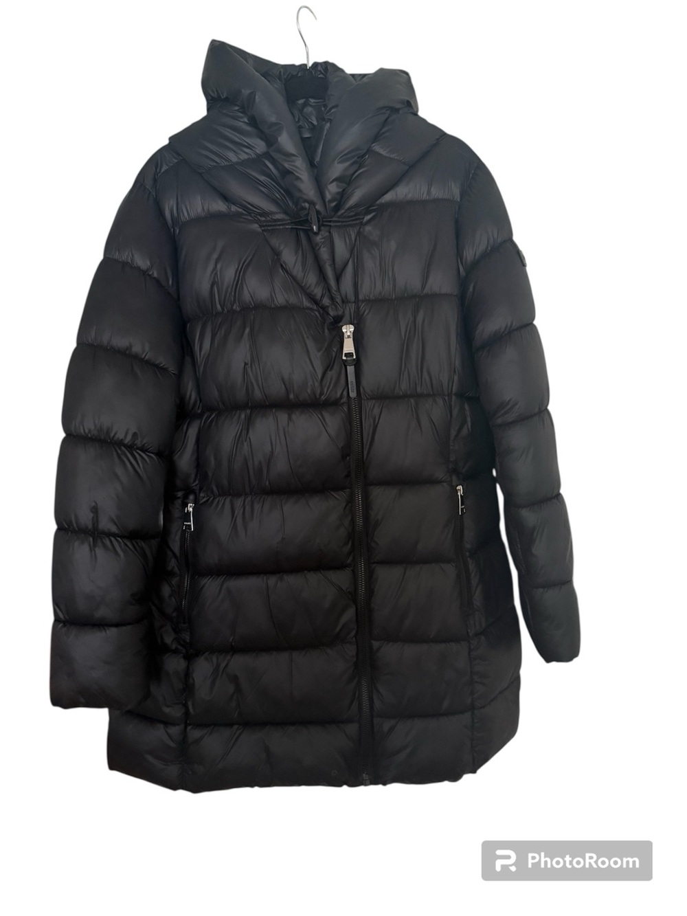 DKNY Black Quilted Hooded Puffer Coat for Women- XL